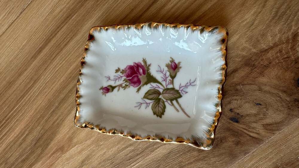 Vintage Porcelain Rose Trinket Dish with Gold Gilt Scalloped Edge Made in Japan